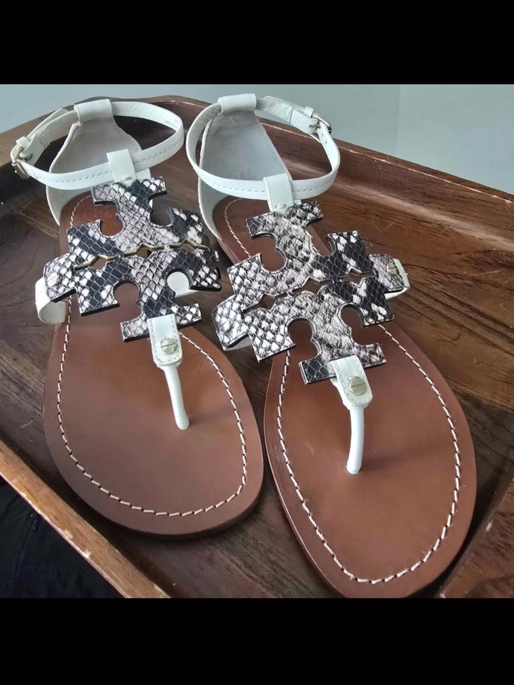 Tory Burch White Thong Sandals with Metallic Snake-Print Logo